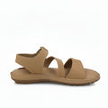 A single tan woven-texture sandal with two adjustable straps and a low wedge heel, shown in profile against a light gray background.