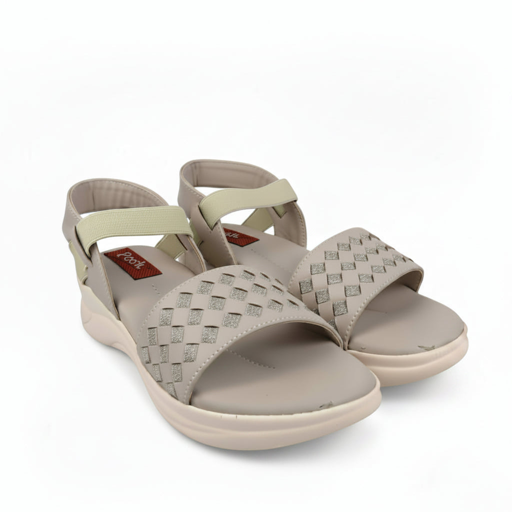 A pair of women's casual slide sandals with woven pattern straps and adjustable ankle straps, shown on a light gray background.