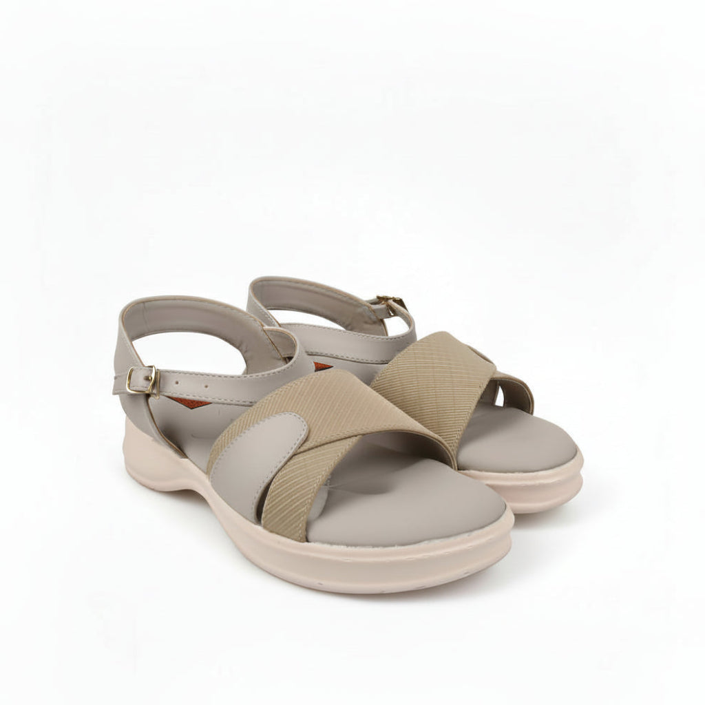 A pair of women's platform sandals in beige and light tan, featuring textured woven straps and adjustable ankle straps with gold-tone buckles, shown on a light gray background.