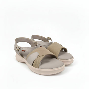 A pair of women's platform sandals in beige and light tan, featuring textured woven straps and adjustable ankle straps with gold-tone buckles, shown on a light gray background.