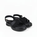 A pair of black women's slingback sandals with textured straps and low block heels, photographed on a white studio background.