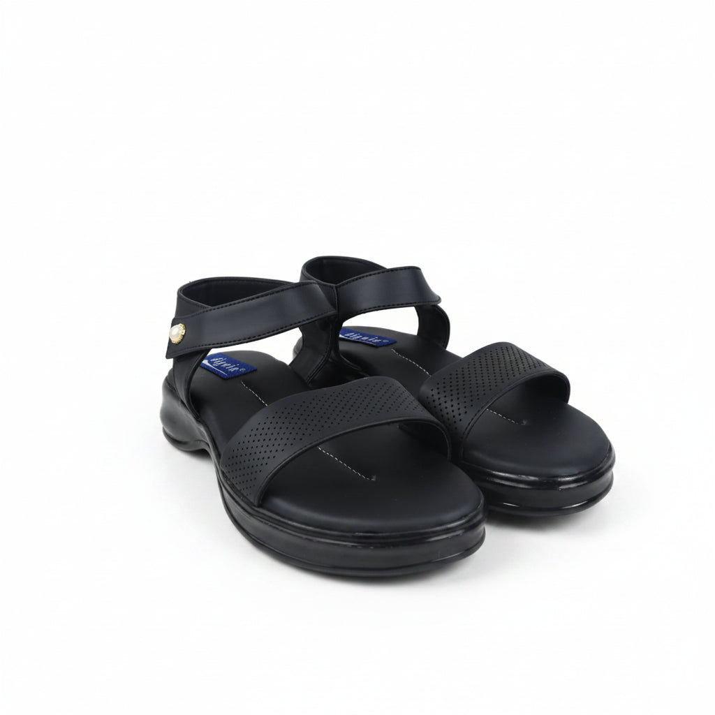 A pair of women's wedge sandals in a dusty pink color, featuring perforated straps and a small gold button detail on the ankle strap, set against a plain light gray background.