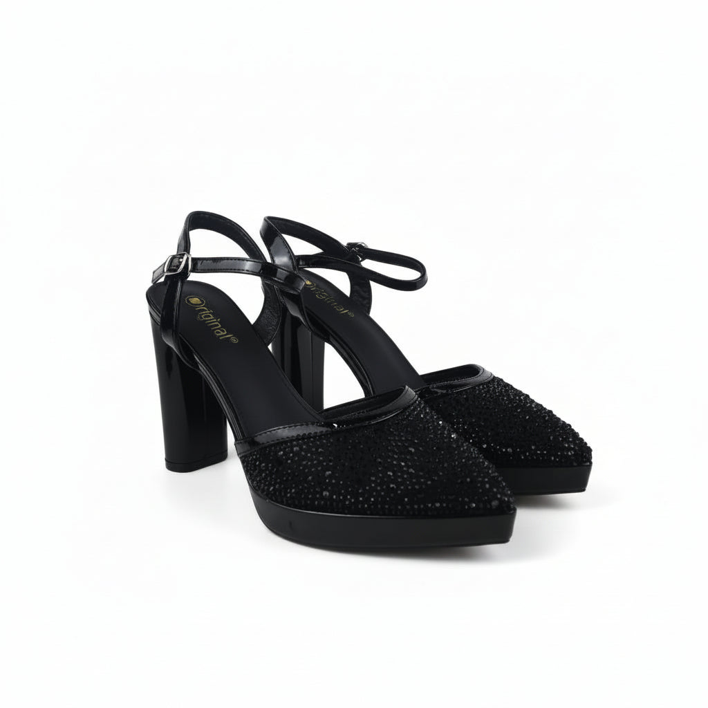 A pair of black high-heeled slingback sandals embellished with rhinestones on the toe straps, shown against a white studio background.
