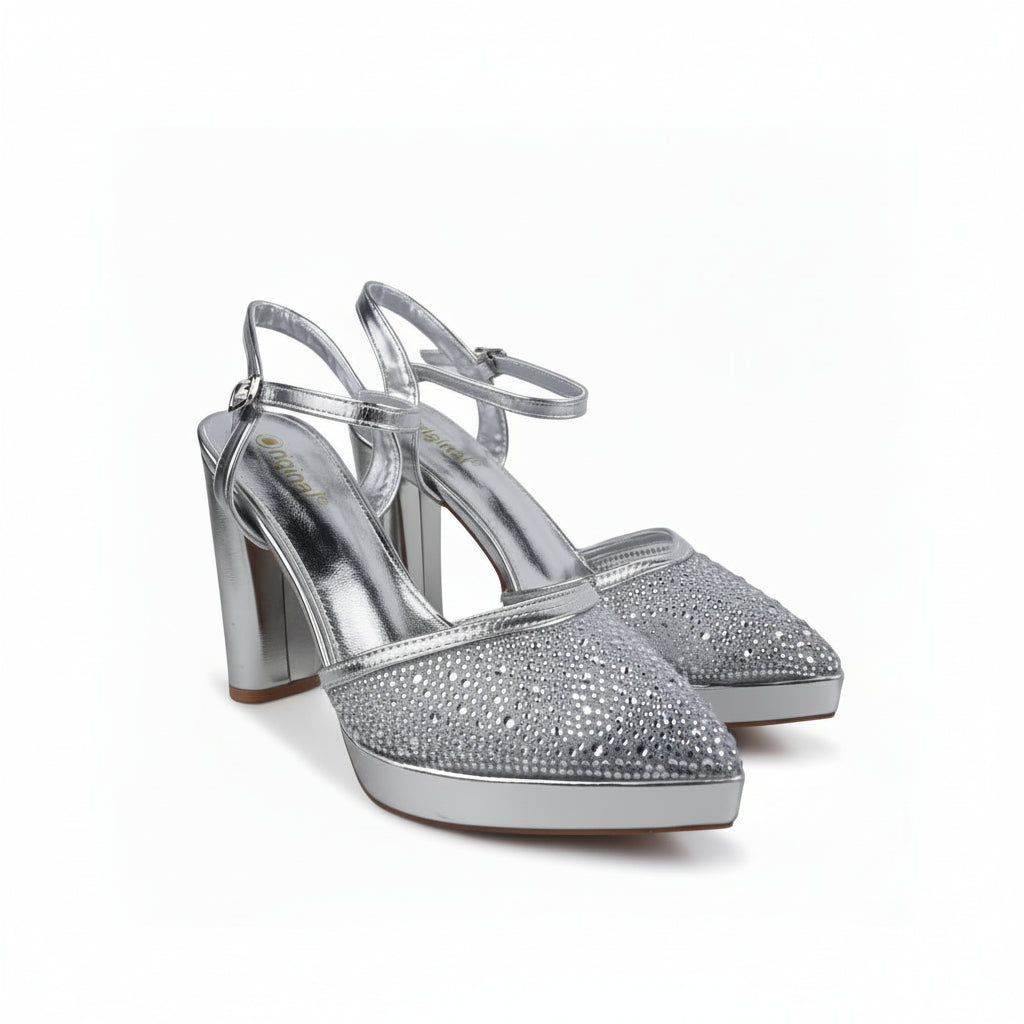 A pair of black high-heeled slingback sandals embellished with rhinestones on the toe straps, shown against a white studio background.