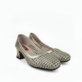 A pair of women's gold high-heeled pumps with a textured, woven-like metallic pattern, shown on a plain light gray background.