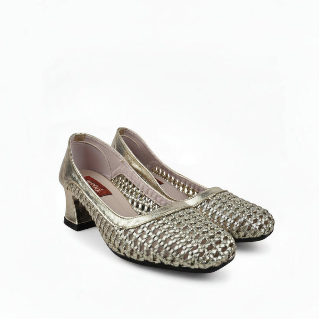 A pair of women's gold high-heeled pumps with a textured, woven-like metallic pattern, shown on a plain light gray background.