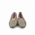 A pair of gold metallic flat shoes with a textured woven pattern, shown next to an orange Posh brand shoebox on a white background.