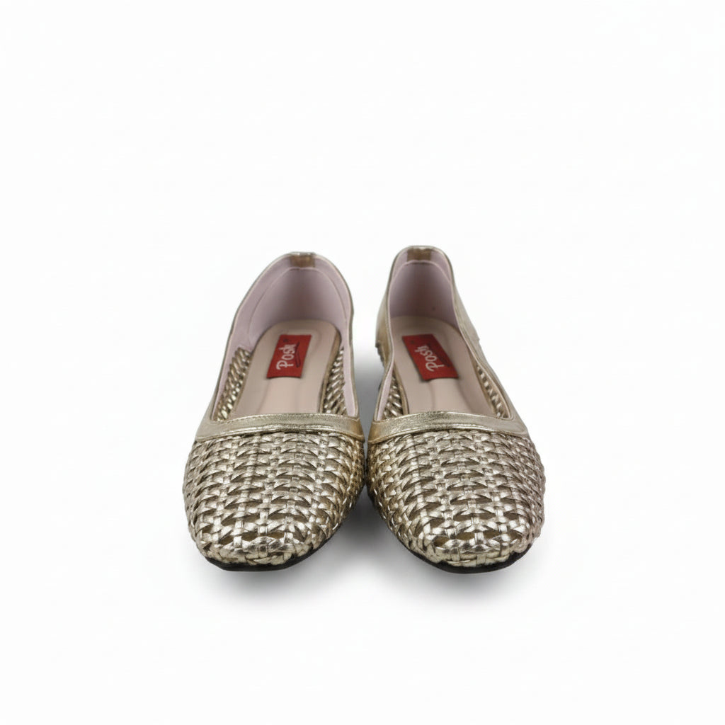 A pair of gold metallic flat shoes with a textured woven pattern, shown next to an orange Posh brand shoebox on a white background.