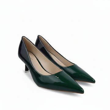 A pair of dark green patent leather pointed-toe pumps with kitten heels, displayed on a white studio background.