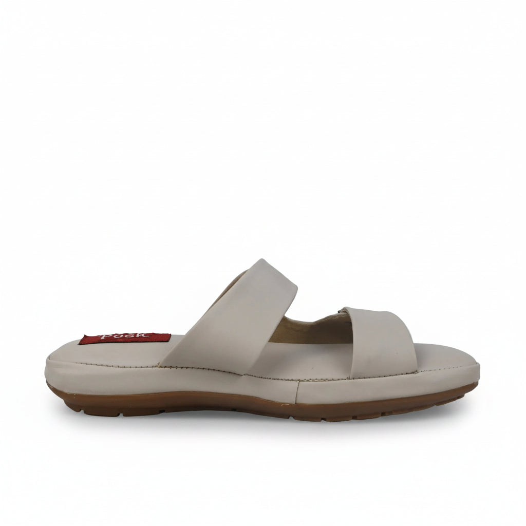 A pair of beige double-strap slide sandals with metal buckle closures, photographed on a white studio background.