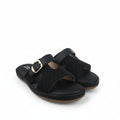 A pair of black slide sandals with textured straps and gold-tone buckle details, photographed on a white studio background.
