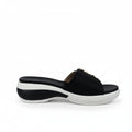 A black platform slide sandal with a chunky white sole, shown from a side profile against a white fabric backdrop.