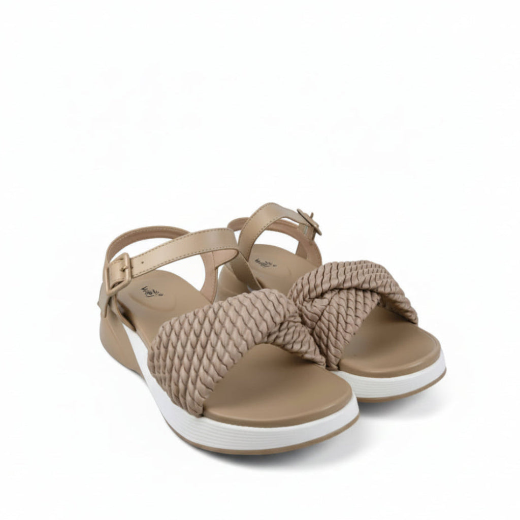 A pair of women's platform sandals with beige woven straps and a white sole, displayed on a white fabric backdrop.