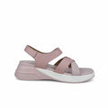 A single women's platform sandal in light pink, featuring textured straps and a thick white platform sole, shown against a light gray backdrop.