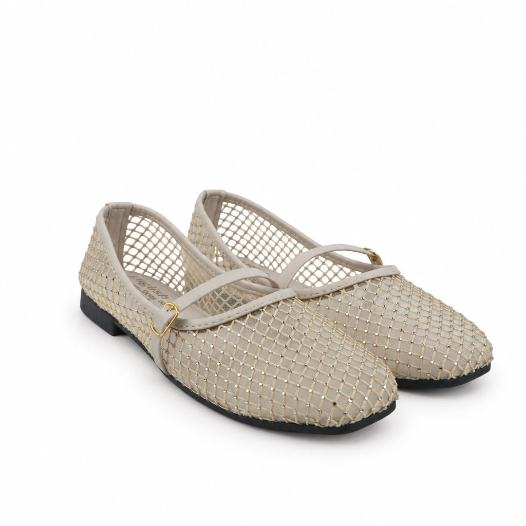 A pair of women's flat shoes with a beige woven mesh upper and thin matching straps, accented with small gold studs and a low black sole, set against a light gray background.