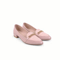 A pair of women's low-heeled loafers in a dusty pink color, featuring a textured knit upper and a gold-tone chain detail across the vamp, shown on a clean white background.