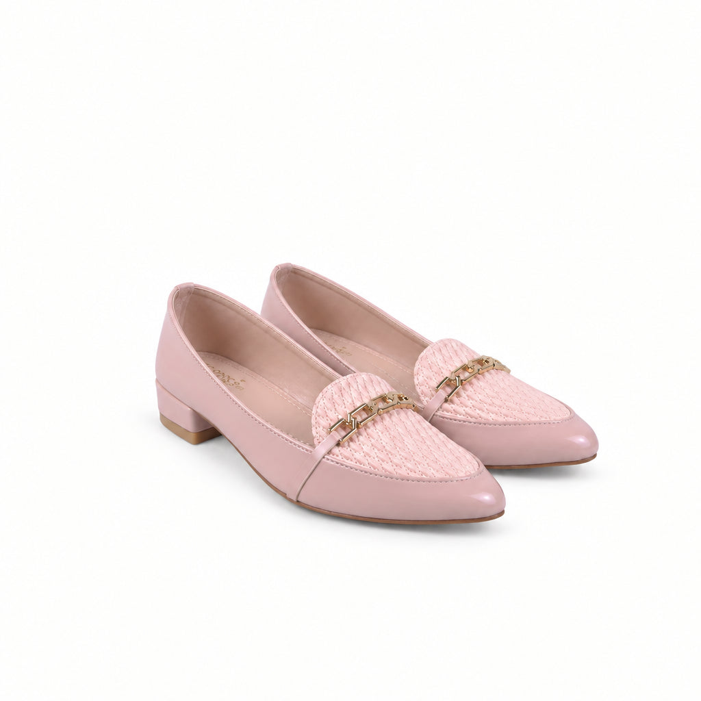 A pair of women's low-heeled loafers in a dusty pink color, featuring a textured knit upper and a gold-tone chain detail across the vamp, shown on a clean white background.