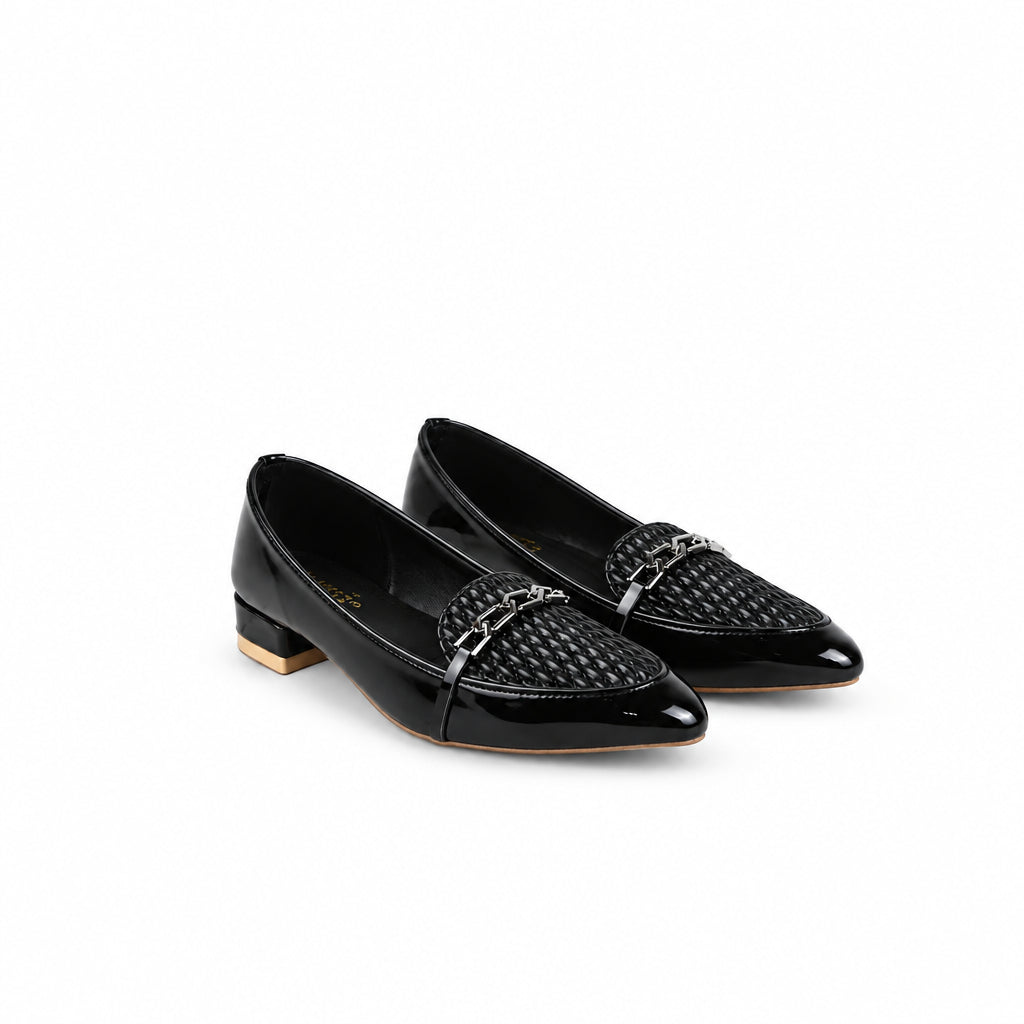 A pair of black leather loafers with woven detailing and a silver-tone chain strap, displayed on a white fabric backdrop.