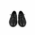 A pair of black leather lace-up dress shoes with a crocodile-embossed pattern on the toe and sides, shown against a plain light gray background.