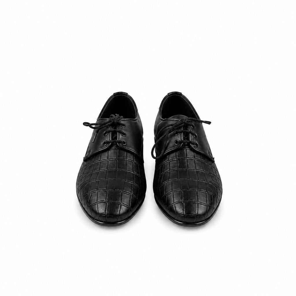 A pair of black leather lace-up dress shoes with a crocodile-embossed pattern on the toe and sides, shown against a plain light gray background.