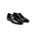 A pair of shiny black patent leather oxford shoes with black laces, displayed on a light gray fabric background.