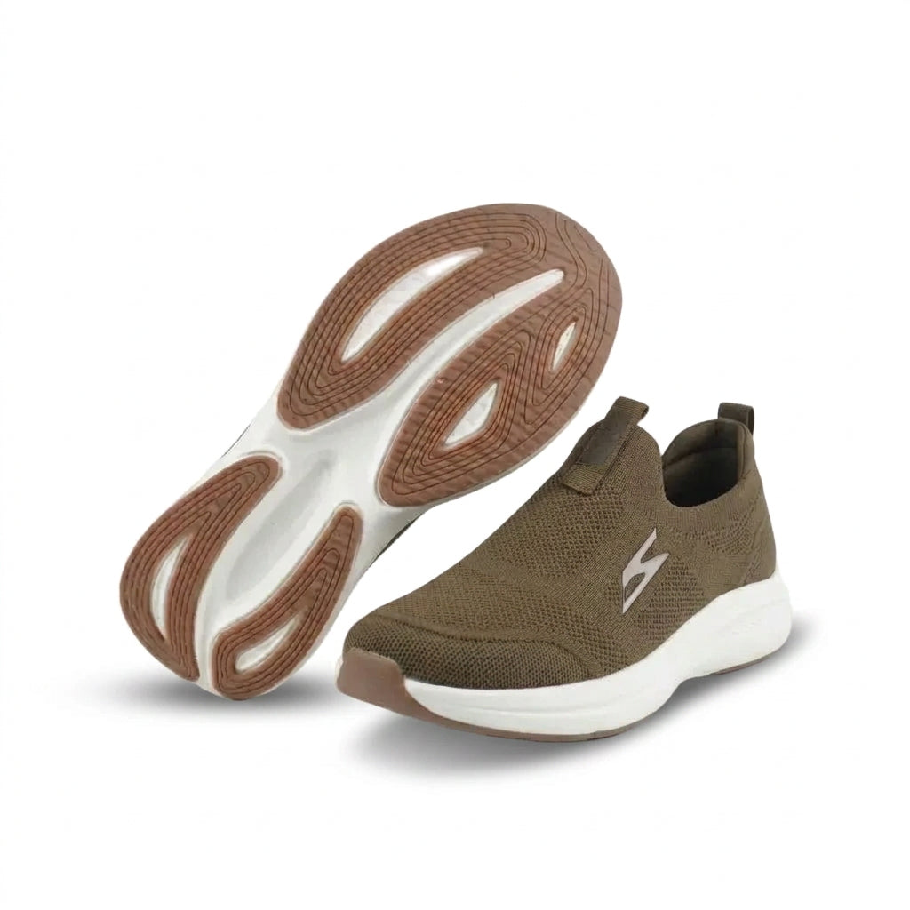 A pair of slip-on athletic sneakers shown on a white background, with one shoe turned to display the sole and the other showing the upper.
