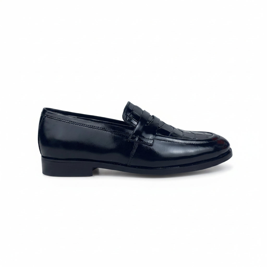 A pair of black  penny loafers with a glossy finish and a subtle embossed basketweave pattern on the toe, displayed on a clean white background.
