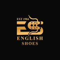Gold logo of English Shoes on a black background