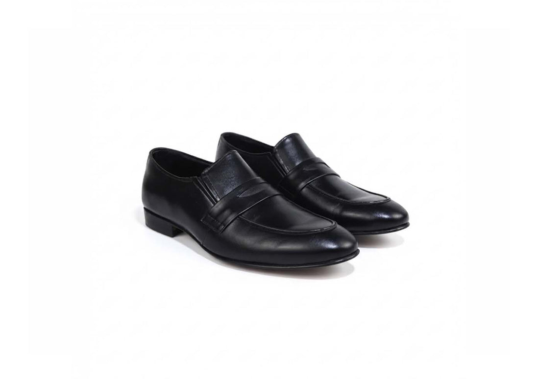 A pair of men's dark brown penny loafers with a glossy finish, displayed on a clean white background.
