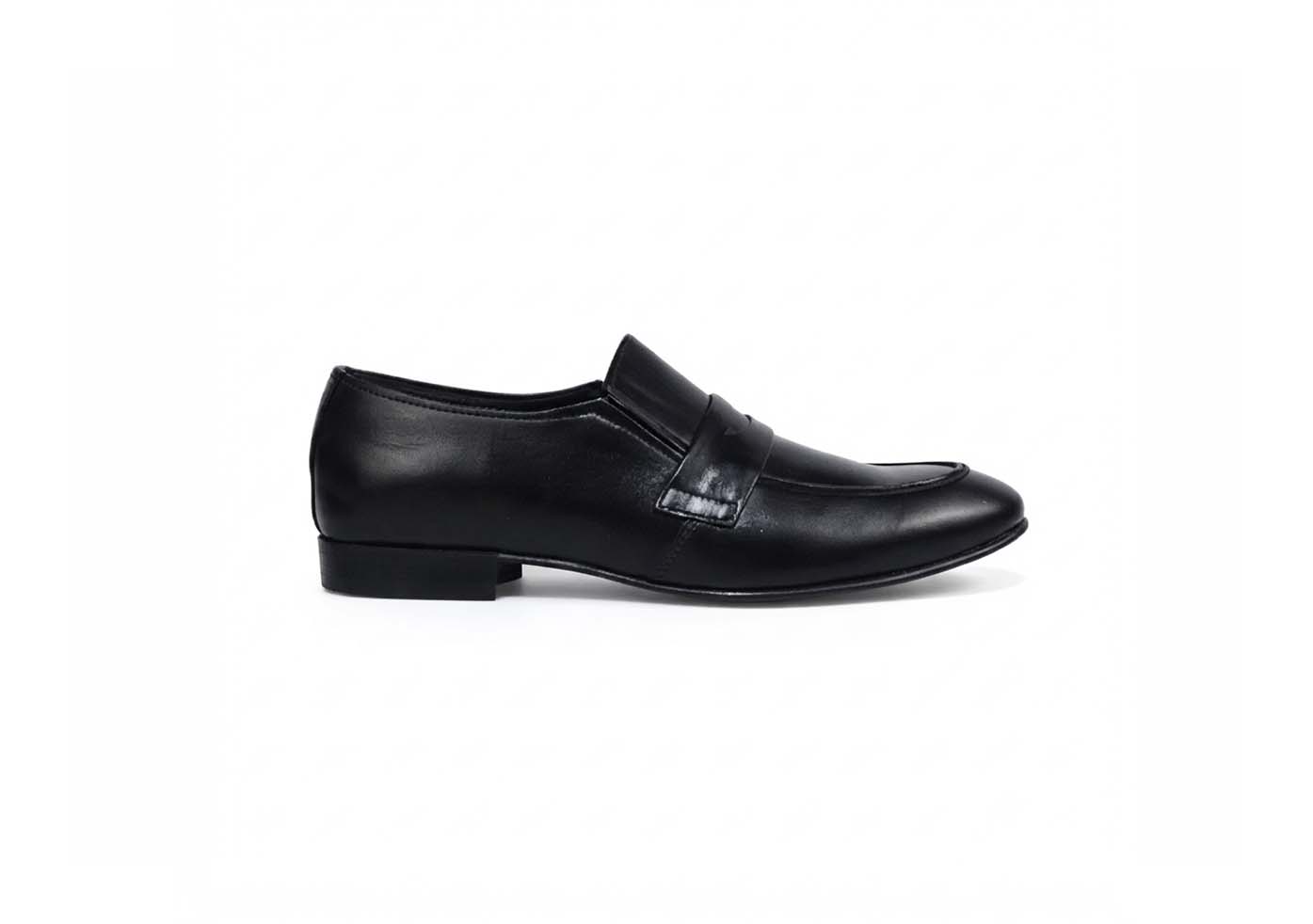 Black shoe with a red flower detail on a white background