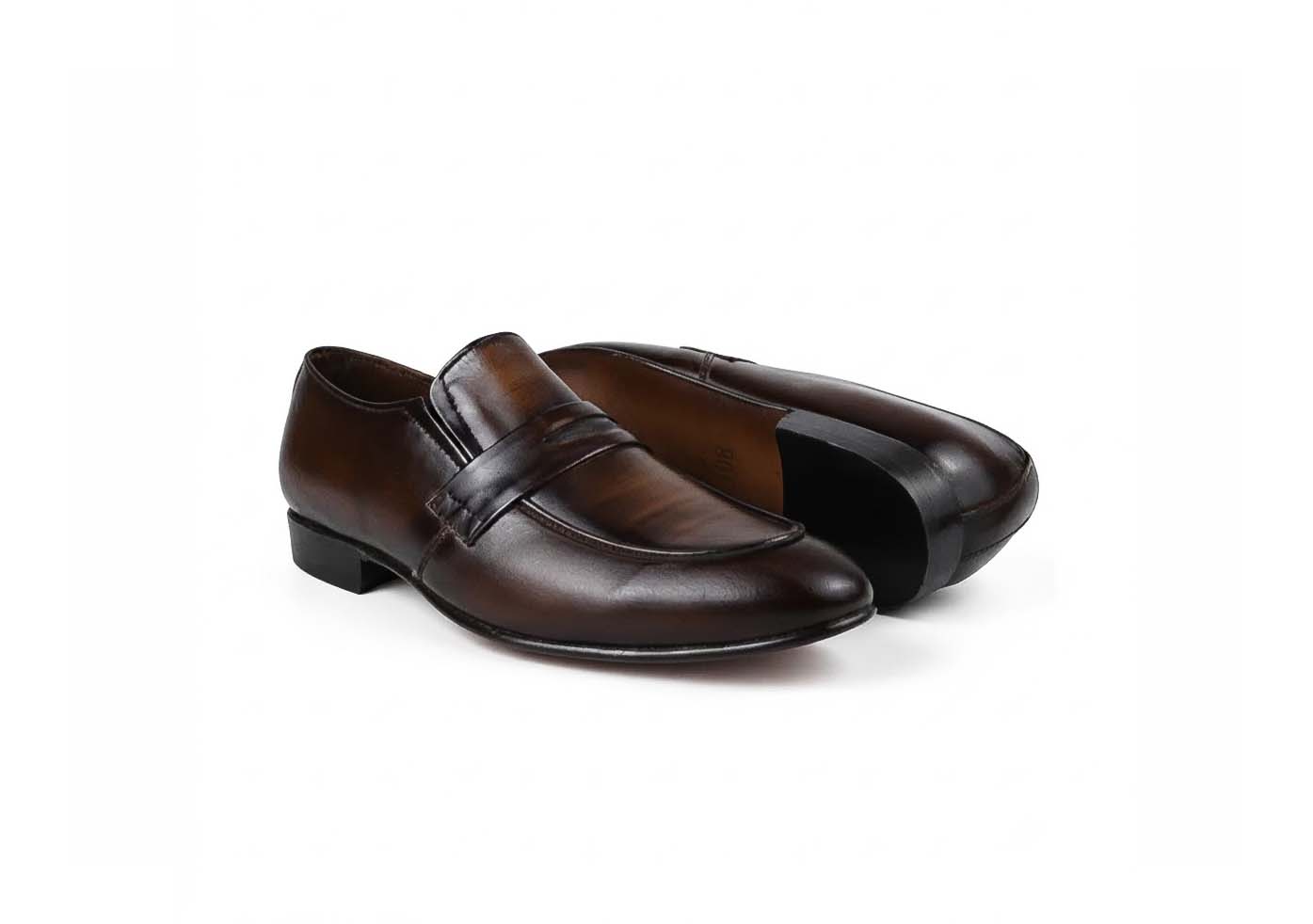 A pair of dark brown le penny loafers with a polished finish, displayed on a clean white background.