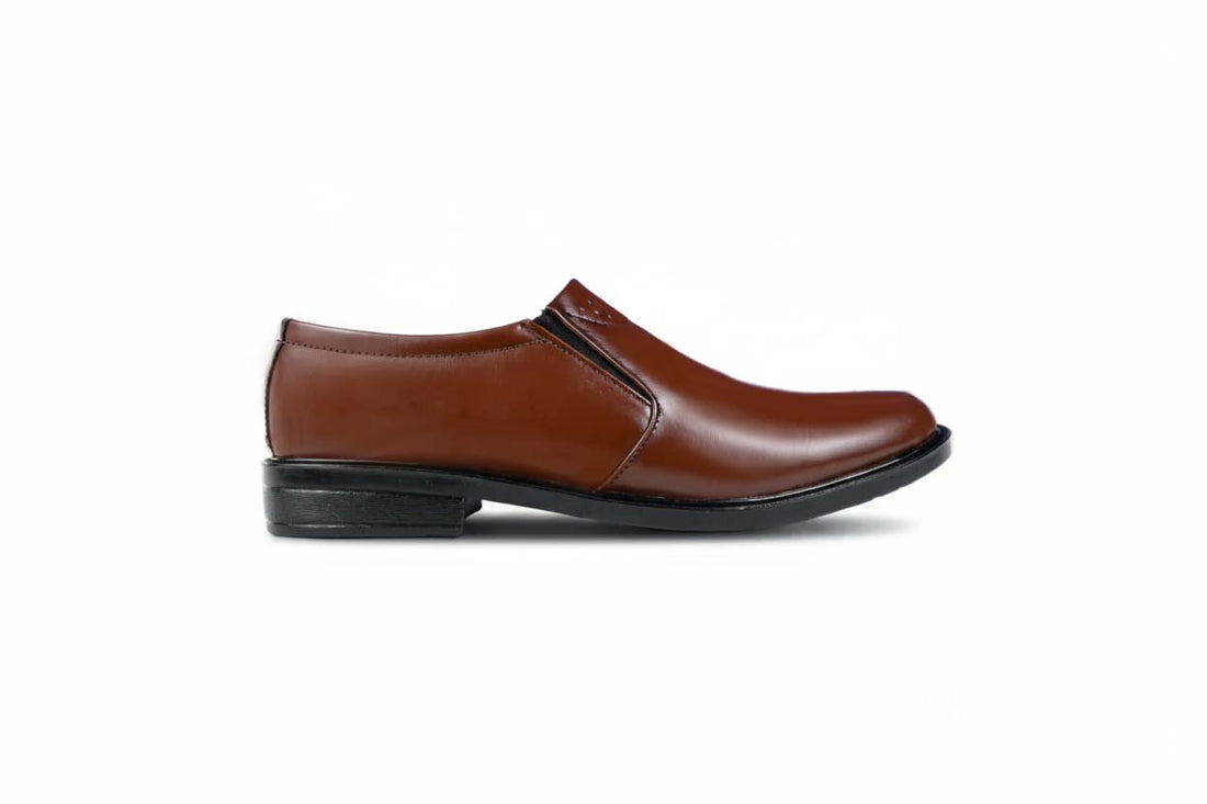 A pair of men's dark brown leather slip-on shoes with black soles, displayed on a clean white background.