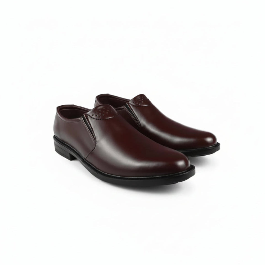 A pair of men's dark brown leather slip-on shoes with black soles, displayed on a clean white background.