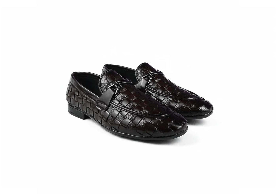 A pair of dark brown woven loafers with a glossy finish, displayed on a clean white background.