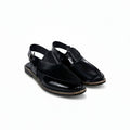 A pair of black leather pointed-toe slingback mule sandals with a glossy patent finish, shown on a clean white background.