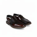 A pair of men's dark brown leather slingback loafers with a glossy patent finish on the toe and heel, displayed on a clean white background.