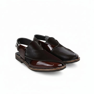 A pair of men's dark brown leather slingback loafers with a glossy patent finish on the toe and heel, displayed on a clean white background.