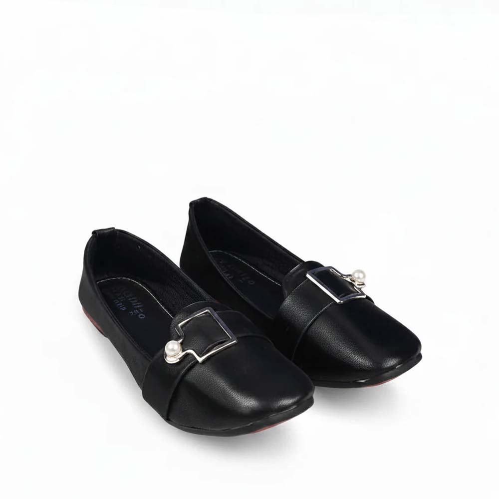 A pair of black leather flat shoes with square toes and silver buckle embellishments, displayed on a clean white background.