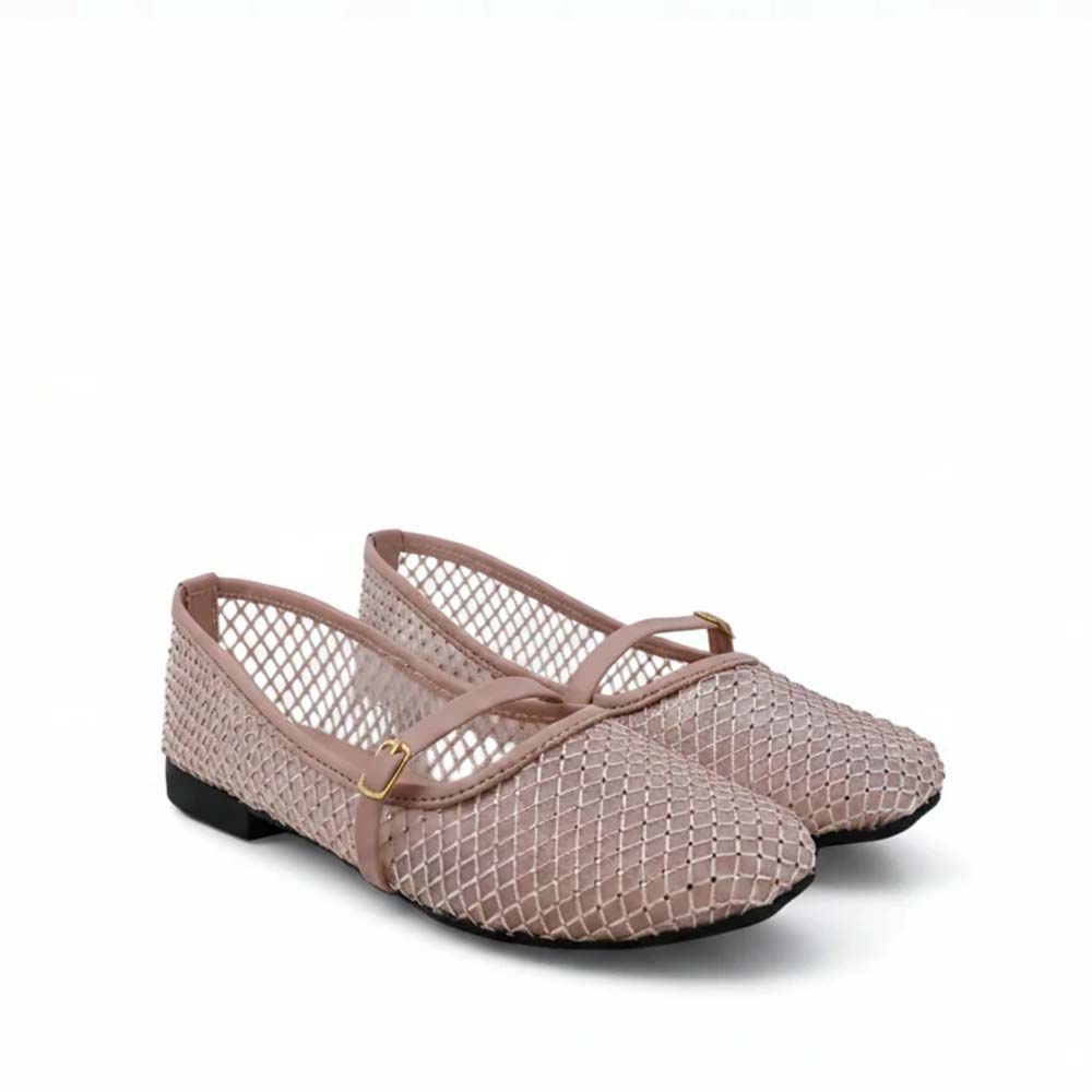 A pair of women's flat shoes with a pink mesh upper and a snakeskin-textured pattern, featuring a single crossover strap with a small gold buckle on a white background.