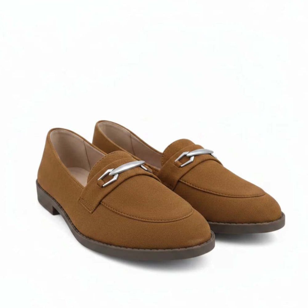 A pair of women's brown suede penny loafers with silver-tone metal hardware on the vamp, shown against a plain white background.
