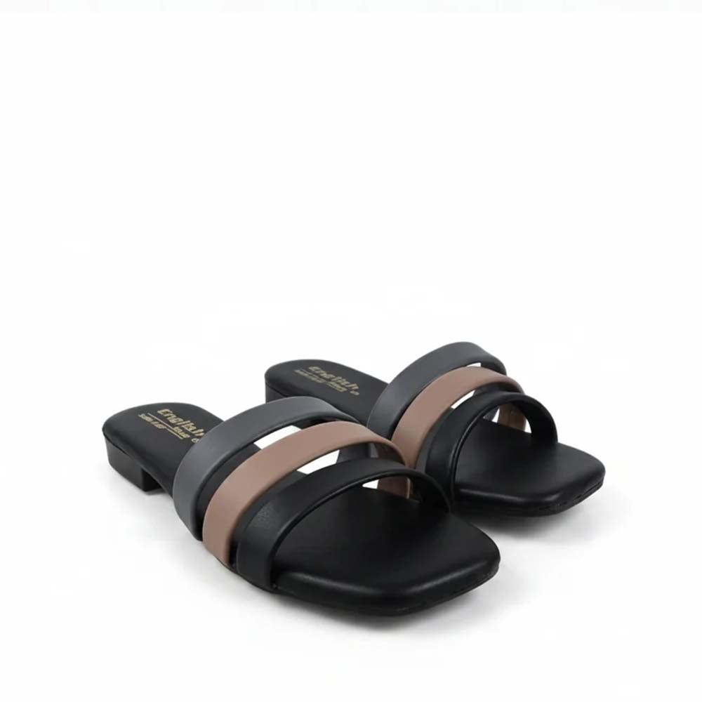 A pair of women's slide sandals with a black sole and double straps in black and taupe brown, shown on a white background.