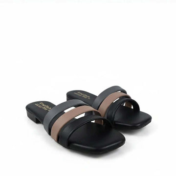 A pair of women's slide sandals with a black sole and double straps in black and taupe brown, shown on a white background.