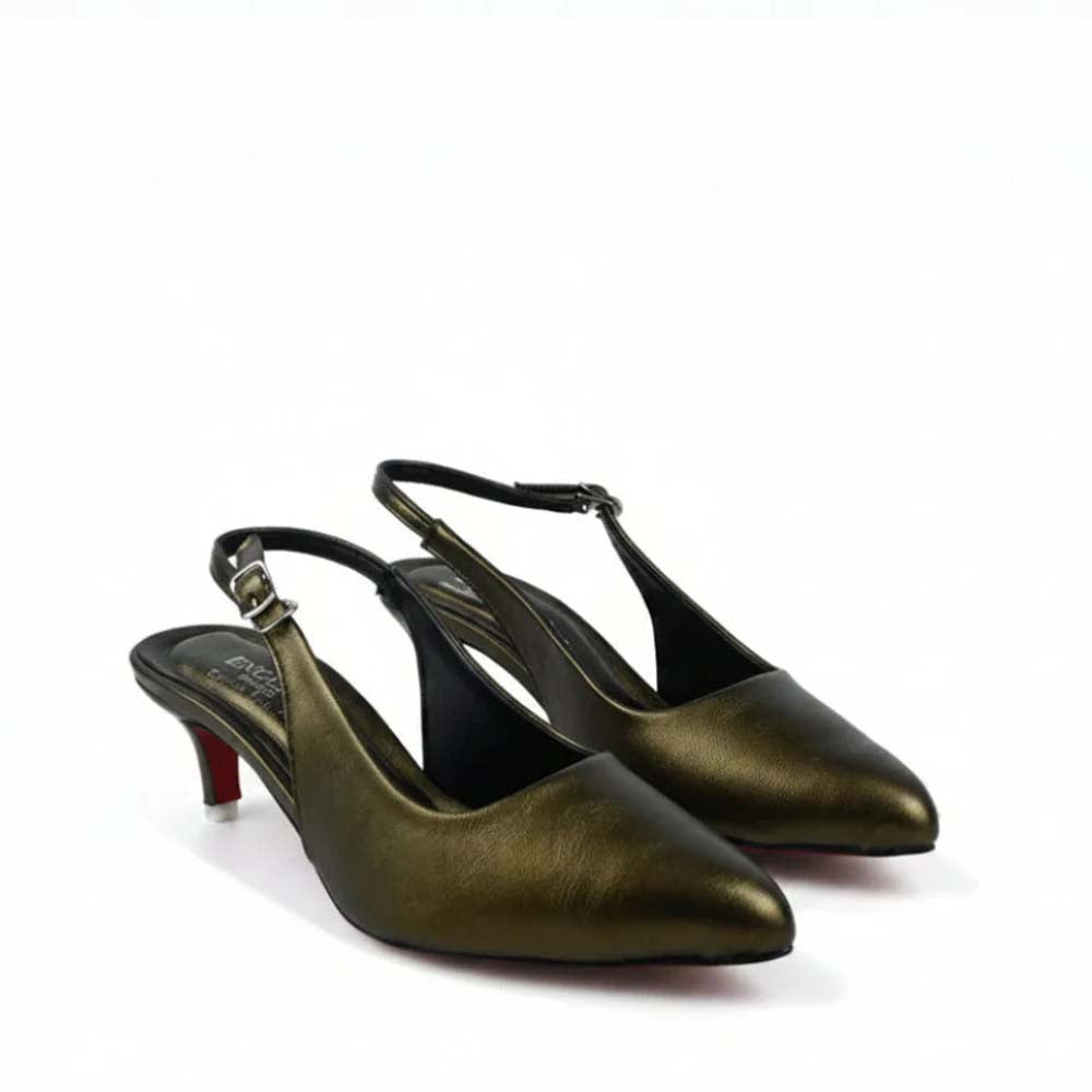 A pair of metallic olive green slingback kitten heels with pointed toes and red soles, photographed on a clean white background.