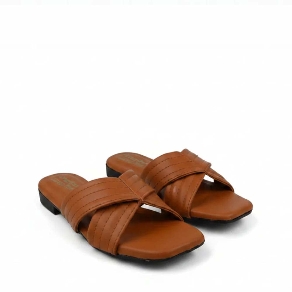 A pair of women's slide sandals in a warm cognac brown color, featuring multiple textured straps and a low block heel, shown on a plain white background.