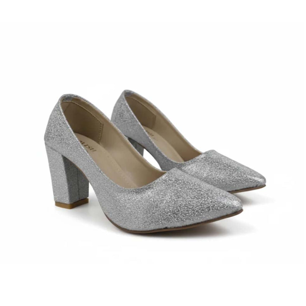 A pair of women's pointed-toe high heels in a sparkling silver glitter finish, shown against a plain white background.