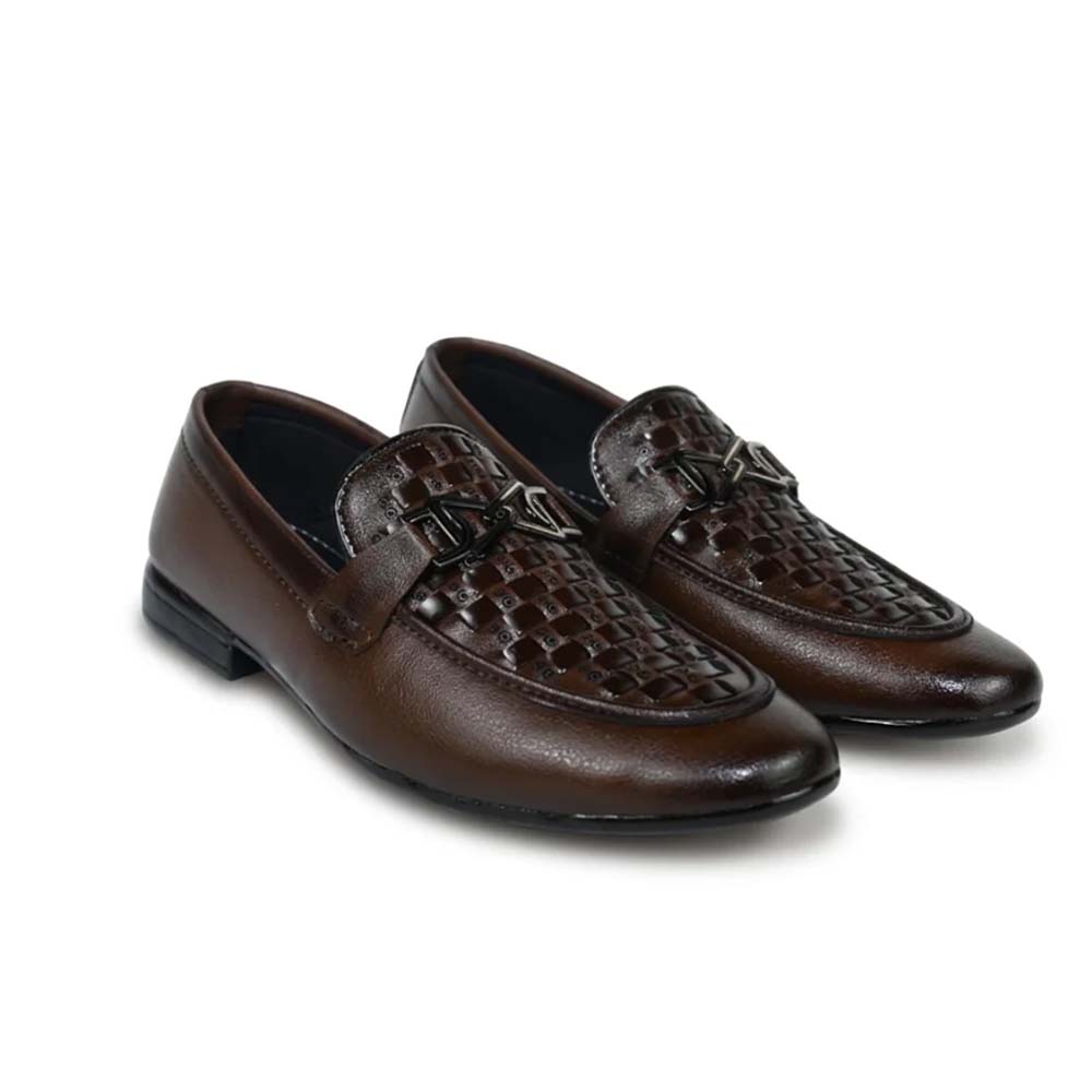 A pair of men's brown leather loafers with a woven basketweave pattern on the toe and a decorative strap with a metal buckle, shown on a white background.