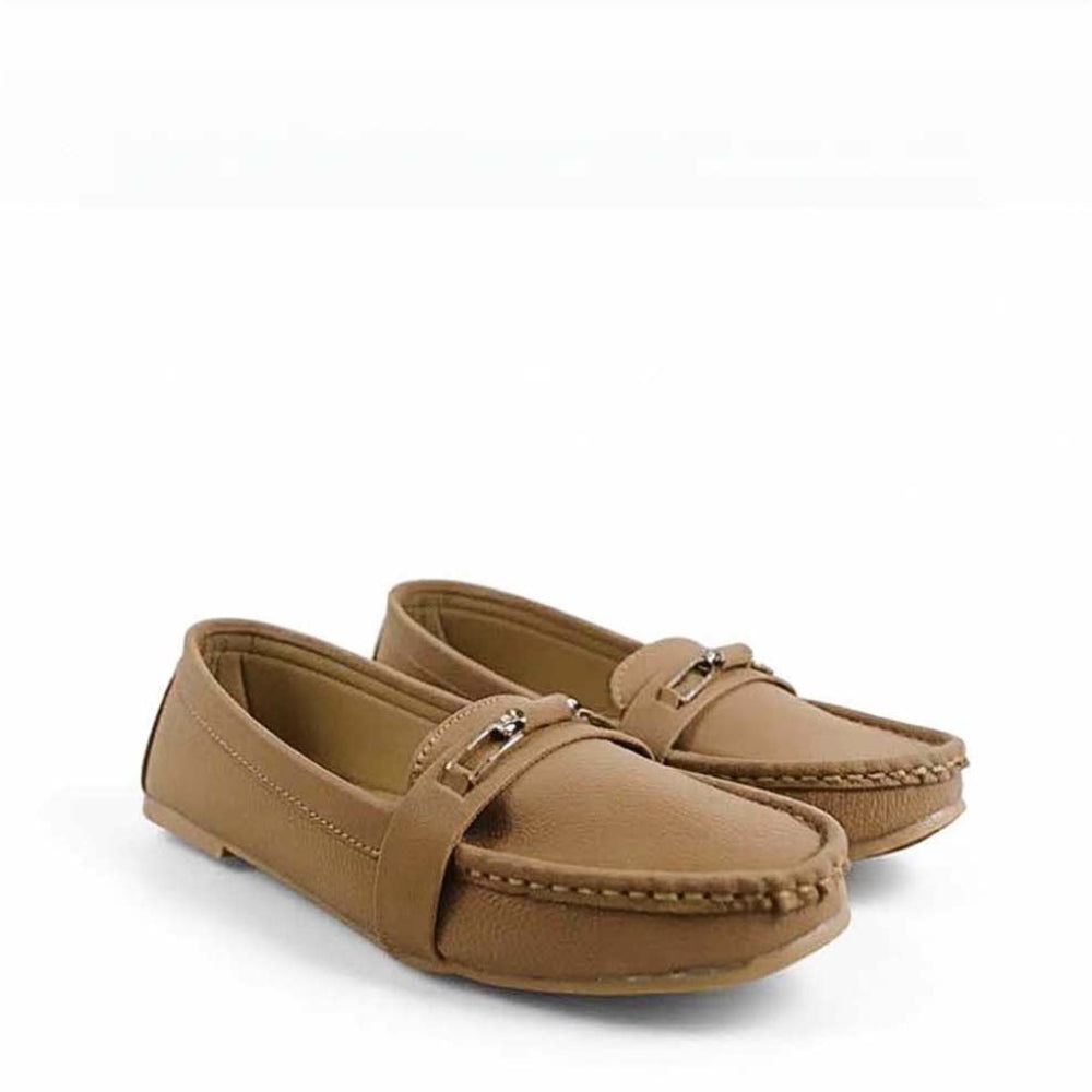 A pair of tan leather driving loafers with a small silver buckle detail on the strap, displayed on a clean white background.