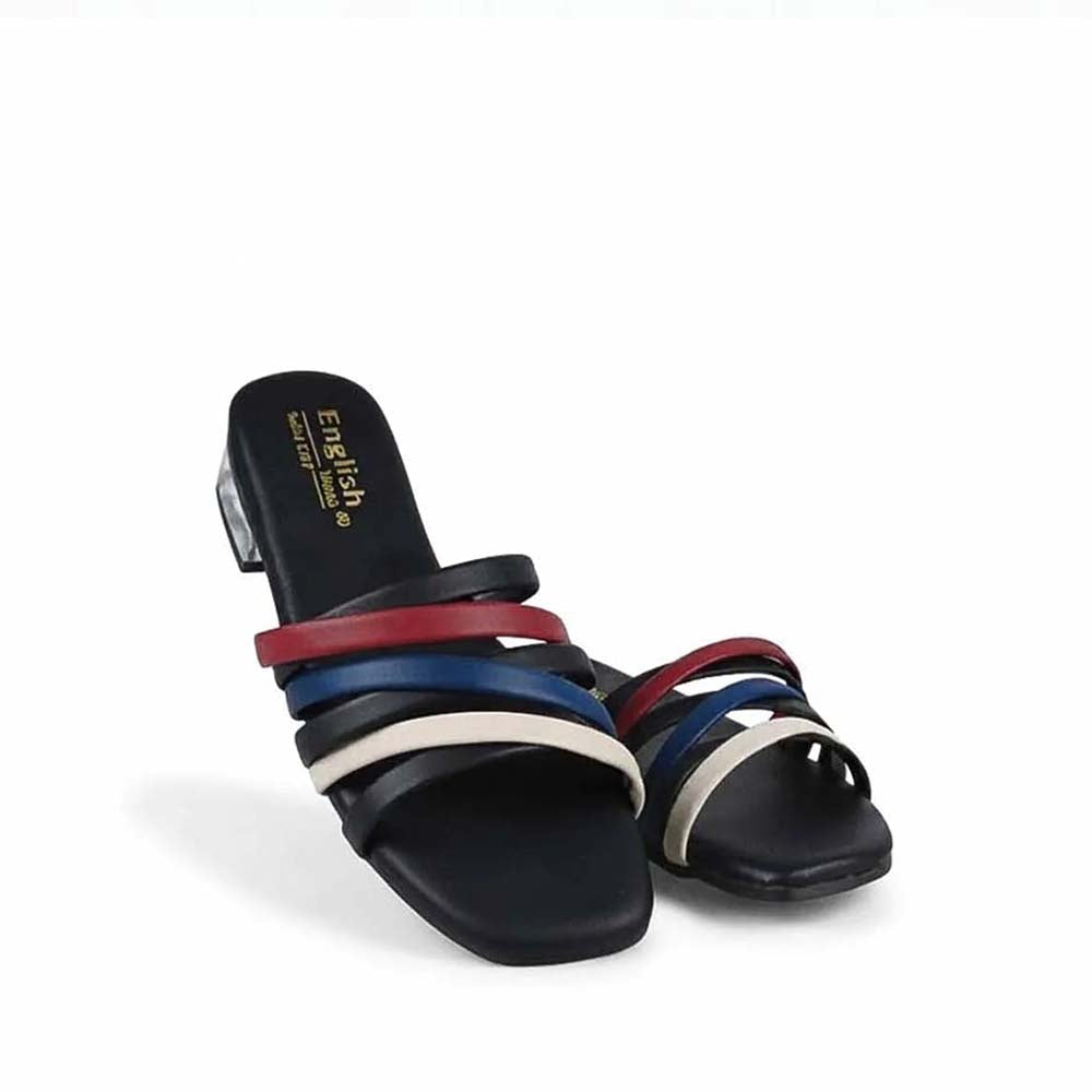 A pair of black slide sandals with multi-colored straps in red, navy blue, and cream, featuring a low block heel and gold 'Enfield' branding on the insole.