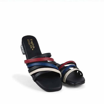 A pair of black slide sandals with multi-colored straps in red, navy blue, and cream, featuring a low block heel and gold 'Enfield' branding on the insole.