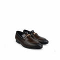 A pair of men's dark brown leather loafers with a textured reptile-pattern toe cap, a smooth front panel, and a gold-tone horsebit detail across the top, shown on a plain white background.